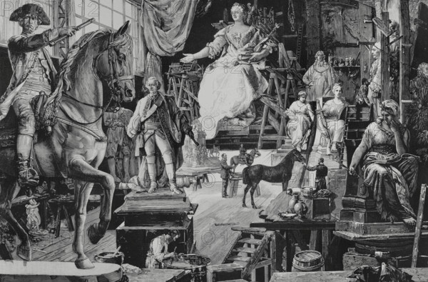 Vienna, Austria. Sculpture workshop of Kaspar von Zumbusch (1830-1915). Statues and reliefs for the planned monument in honour of Empress Maria Theresa of Austria (1717-1780). Drawing from life by W. Gause. Engraving by Vela. La Ilustracion Espanola y Americana (The Spanish and American Illustration), May 22, 1884.