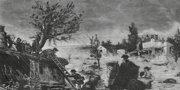 History of Spain. Floods in Lorca (Murcia). Members of the Guardia Civil (Civil Guard), under the command of Lieutenant Manuel Ros, helping people who had taken refuge over the rubble of destroyed houses in the neighbourhood of Santa Quiteria, on the afternoon of 22 May 1884. Engraving by Capuz. La Ilustracion Espanola y Americana (The Spanish and American Illustration), May 30, 1884.