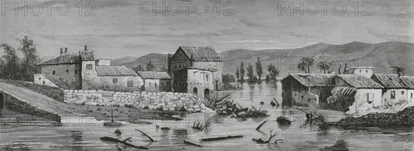 History of Spain. Floods in Lorca (Murcia). General aspect of the neighbourhood of Santa Quiteria, on the afternoon of 22 May 1884. Engraving by Bernardo Rico (1825-1894). La Ilustracion Espanola y Americana (The Spanish and American Illustration), May 30, 1884.