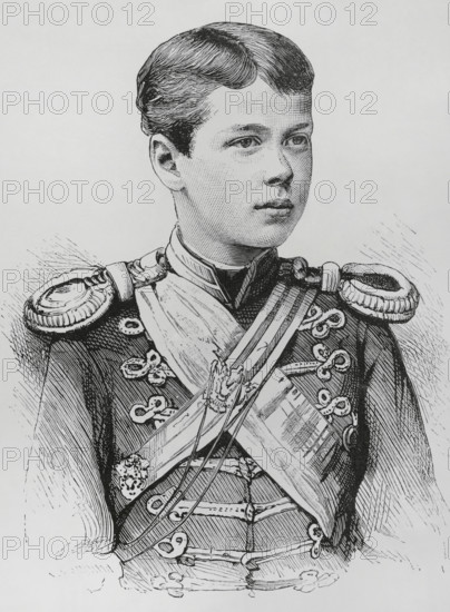 Nikolai Aleksandrovich Romanov (1868-1918). Last Tsar of Russia (1894-1917) as Nicholas II. He came of age on 18 May 1884. Portrait. Engraving. La Ilustracion Espanola y Americana (The Spanish and American Illustration), June 8, 1884.