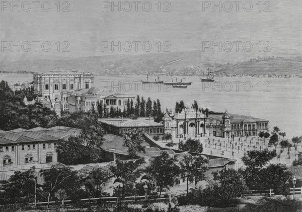 History of Turkey. Constantinople. Dolmabahce Palace. Built between 1843 and 1856 by order of Sultan Abdulmecid I (1823-1861). It was the official residence of the Turkish sultans and the administrative centre of the Ottoman Empire between 1856-1887 and 1909-1922. Dolmabahce Imperial Palace, on the banks of the Bosphorus. Engraving by Vela. La Ilustracion Espanola y Americana (The Spanish and American Illustration), February 22, 1884.