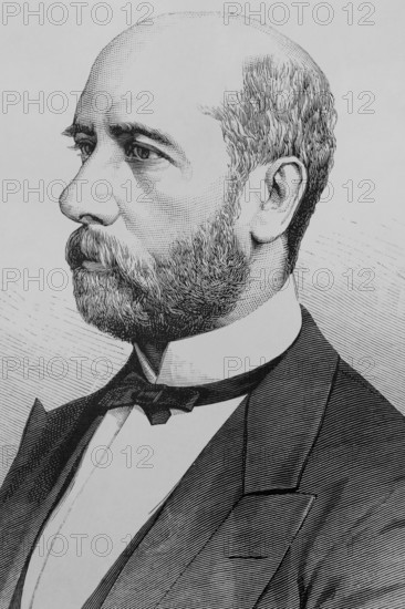 Eduardo Gasset y Artime (1832-1884). Spanish politician and journalist. Founder of the newspaper ‘El Imparcial’ in 1867. Overseas Minister in 1872 under the government of Manuel Ruiz Zorrilla. Portrait. Drawing by Badillo. Engraving by Arturo Carretero (1852-1903). La Ilustracion Espanola y Americana (The Spanish and American Illustration), May 22, 1884.