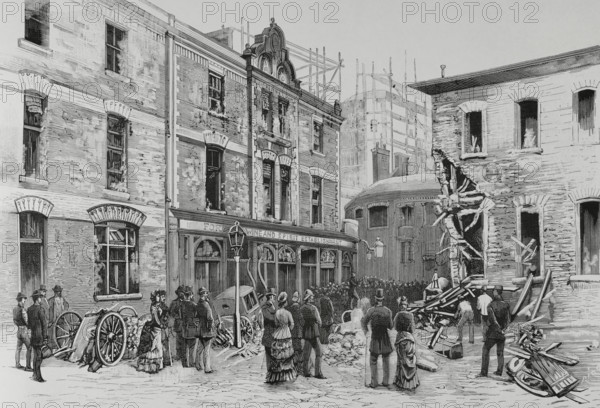 London, England. At about 9 p.m. on the evening of 30 May 1884, three explosions of dynamite cartridges took place at almost the same time. The first of these took place in Scotland Yard, in one of the police buildings, close to the headquarters and in front of a public establishment called ""The Rising Sun"", which suffered various material damages. The policeman on duty at the door of the police building was mutilated. The explosion at Scotland Yard: appearance of the police station and ""The Rising Sun"" after the attack. Engraving by Bernardo Rico (1825-1894). La Ilustracion Espanola y Americana (The Spanish and American Illustration), June 15, 1884.