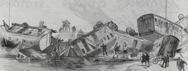 England. Railway accident suffered by one of the ""Salisbury and Dorset Junction Railway"" trains that covered the route between Salisbury-Weymouth, at 4:30 p.m. on June 3, 1884. The train derailed south of Downton in Wiltshire, eight miles from Salisbury. Forty-one people were injured and four died. Three of them drowned when a carriage overturned in a drainage ditch. Engraving. La Ilustracion Espanola y Americana (The Spanish and American Illustration), June 22, 1884.