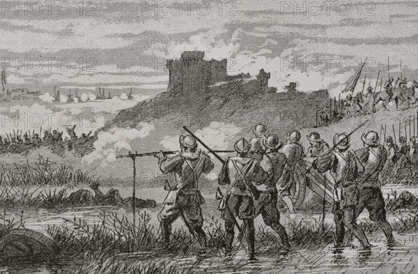 Eighty Years' War (1568-1648). Siege of Ostend (5 July 1601-20 September 1604). Siege of the city of Ostend by the Spanish tercios under Archduke Albrecht (1559-1621). On 20 September 1604 the governor of Ostend, Daniel d'Hertaing, surrendered the city to Ambrosio Spinola's forces. Siege of Ostend by the Marquis of Spinola. Illustration by Serra Pausas. ""Glorias Espanolas"" (Glories of Spain). Volume IV. Published in Barcelona, 1890.