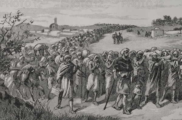 Expulsion of the Moriscos from Spain by order of King Philip III in 1609 after debate in the Council of State. It was decided to expel the Moriscos on 9 April 1609, which the king approved. The expulsion began in the kingdom of Valencia. The Moriscos were Christians of Muslim origin who were forced to convert to Christianity after the conquest of the Muslim kingdoms by the Christian peninsular kingdoms. Expulsion of the Moriscos from Valencia. Illustration by Serra Pausas. ""Glorias Espanolas"" (Glories of Spain). Volume IV. Published in Barcelona, 1890.