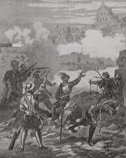 Eighty Years' War (1568-1648). Siege of Maastricht (March 12 to July 1, 1579). In 1578 Maastricht declared its rebellion against the Spanish crown. On 12 March 1579, Alexander Farnese deployed his troops in front of the city of Maastricht and the siege began. Illustration by Serra Pausas. ""Glorias Espanolas"" (Glories of Spain). Volume IV. Published in Barcelona, 1890.