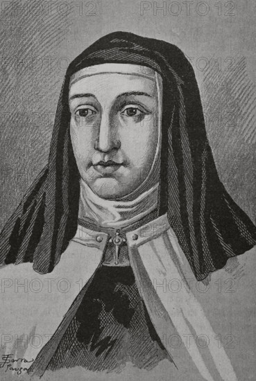 Saint Teresa of Jesus (Teresa of Avila) (1515-1582). Spanish nun, founder of the Order of Discalced Carmelites. Mystic and writer. Portrait. Illustration by Serra Pausas. ""Glorias Espanolas"" (Glories of Spain). Volume IV. Published in Barcelona, 1890.