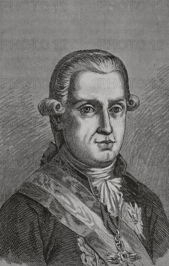 Jose Monino y Redondo, 1st Count of Floridablanca (1728-1808). Spanish statesman. Secretary of State (1777-1792). Portrait. Illustration by Serra Pausas. ""Glorias Espanolas"" (Glories of Spain). Volume IV. Published in Barcelona, 1890.