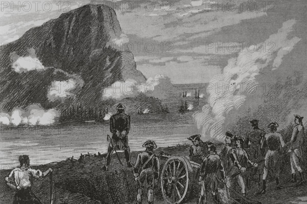 Great Siege of Gibraltar (21 June 1779 to 7 February 1783). Third unsuccessful siege by Spain since the loss of the territory. The blockade was led by Martin Alvarez de Sotomayor (1723-1819). The sea blockade was considered insufficient, so in 1782 Louis Berton de Balbe de Quiers, Duke of Crillon (1717-1796), was appointed as commander of the besieging army. Siege of Gibraltar by the Duke of Crillon. ""Glorias Espanolas"" (Glories of Spain). Volume IV. Published in Barcelona, 1890.