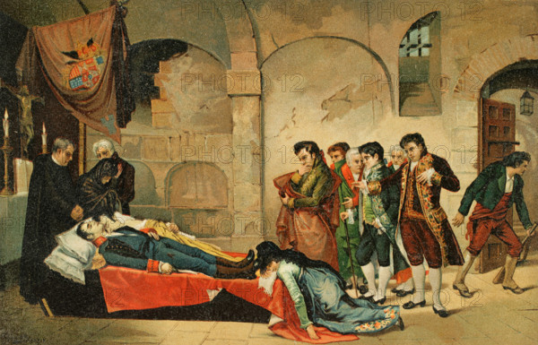 Peninsular War (1808-1814). Madrid. The corpses of Daoiz and Velarde in the crypt of St. Martin's Monastery. The Heroes of the Second of May 1808. Chromolithography after a painting by Jose Nin y Tudo (1840-1908) in 1876. ""Glorias Espanolas"" (Glories of Spain). Volume IV. Published in Barcelona, 1890.