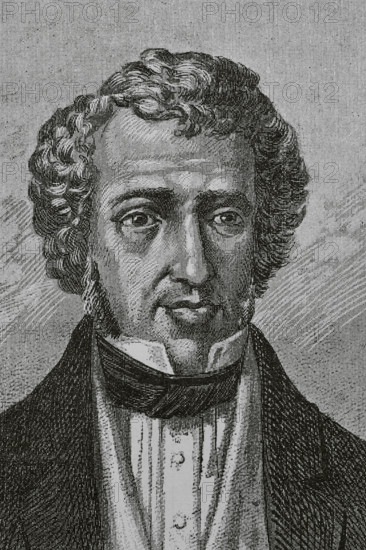 Juan Alvarez de Mendizabal (1790-1853). Spanish politician and financier who had great importance in the Spanish liberal Revolution. He was appointed Minister of Finance in July 1835 by the Count of Toreno, from which he promoted the confiscation of the confiscation of Catholic Church's properties. Portrait. Illustration by Serra Pausas. ""Glorias Espanolas"" (Glories of Spain). Volume IV. Published in Barcelona, 1890.