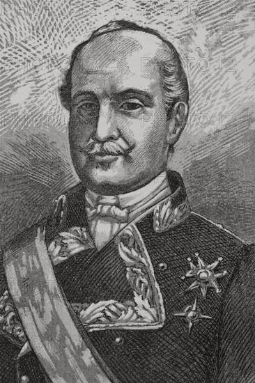 Leopoldo O'Donnell (1809-1867). Spanish military and politician. President of the Spanish government on several occasions after Espartero's Progressive Biennium (1854–1856). Portrait. Illustration by Serra Pausas. ""Glorias Espanolas"" (Glories of Spain). Volume IV. Published in Barcelona, 1890.