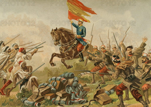 Hispano–Moroccan War (1859–1860). It confronted Spain with Morocco during the reign of Isabel II and the government of Leopoldo O'Donnell. ""Battle of Castillejos"" (1 January 1860). First Spanish victory during the First Moroccan War, opening the way to the conquest of Tetouan. Heroism of General Prim at Castillejos. Chromolithography. ""Glorias Espanolas"" (Glories of Spain). Volume IV. Published in Barcelona, 1890.