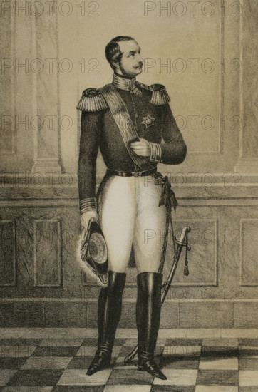 George V of Hanover (1819-1878). King of Hanover (1851-1866). 2nd Duke of Cumberland and Teviotdale. Portrait. Drawing by M. Iglesias. Lithography by J. Donon. ""Reyes Contemporaneos"" (Contemporary Kings). Volume III. Published in Madrid, 1854.