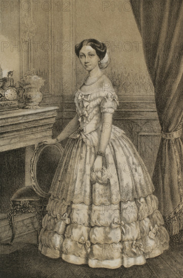 Marie of Saxe-Altenburg (1818-1907). Queen consort of Hanover by her marriage in 1843 to King George V of Hanover (1819-1878). Portrait. Drawing by M. Iglesias. Lithography by J. Donon. ""Reyes Contemporaneos"" (Contemporary Kings). Volume III. Published in Madrid, 1854.