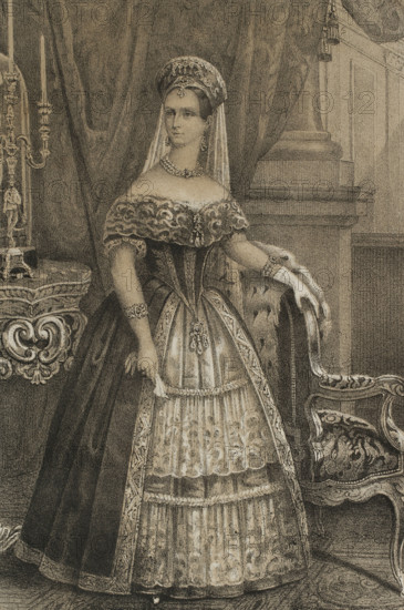 Charlotte of Prussia (1798-1860). Empress consort of Russia (1825-1855) as Alexandra Fyodorovna, by marriage to Tsar Nicholas I (1796-1855). Portrait. Drawing by C. Legrand. Lithography by J. Donon. ""Reyes Contemporaneos"" (Contemporary Kings). Volume III. Published in Madrid, 1854.