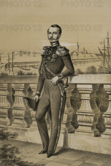 Alexander II of Russia (Alexander Nikolaievich) (1818-1881). Emperor of Russia (1855-1881), Grand Duke of Finland and King of Poland. Portrait of Alexander Nikolaievich as Grand Duke of Russia (Velikiy Knjaz). Drawing by A. Belvedere. Lithography by J. Donon. ""Reyes Contemporaneos"" (Contemporary Kings). Volume III. Published in Madrid, 1854.