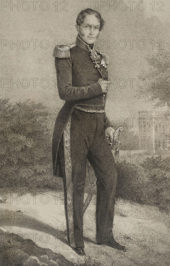 Leopold I of Belgium (1790-1865). First king of the Belgians (1831-1865). Portrait. Drawing by C. Legrand. Lithography by J. Donon. ""Reyes Contemporaneos"" (Contemporary Kings). Volume III. Published in Madrid, 1854.