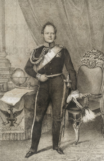 Frederick William IV of Prussia (1795-1861). King of Prussia (1795-1861). Portrait. Drawing by C. Legrand. Lithography by J. Donon. ""Reyes Contemporaneos"" (Contemporary Kings). Volume III. Published in Madrid, 1854.