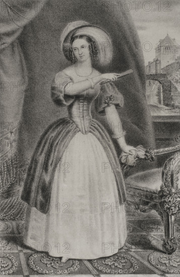 Elisabeth Ludovika of Bavaria (1801-1873). Queen consort of Prussia (1840-1861) as the wife of King Frederick William IV (1795-1861). Portrait. Drawing by A. Belvedere. Lithography by J. Donon. ""Reyes Contemporaneos"" (Contemporary Kings). Volume III. Published in Madrid, 1854.