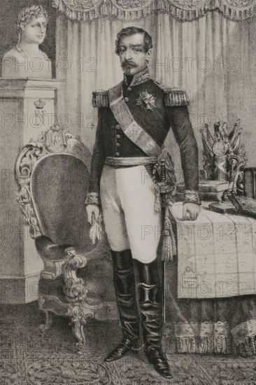 Napoleon III (1808-1873). President of the French Second Republic (1848-1852) and later Emperor of the French (1852-1870). Portrait. Drawing by C. Legrand. Lithography by J. Donon. ""Reyes Contemporaneos"" (Contemporary Kings). Volume III. Published in Madrid, 1854.