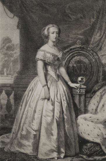 Eugenie de Montijo (Eugenia de Palafox Portocarrero y Kirkpatric) (1826-1920). Spanish aristocrat and Empress consort of the French (1853-1870) as wife of Napoleon III (1808-1873). Portrait. Drawing by J. Vallejo. Lithography by J. Donon. ""Reyes Contemporaneos"" (Contemporary Kings). Volume III. Published in Madrid, 1854.