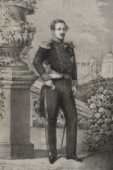 Frederick VII of Denmark (1808-1863). King of Denmark (1848-1863). Portrait. Drawing by C. Legrand. Lithography by J. Donon. ""Reyes Contemporaneos"" (Contemporary Kings). Volume III. Published in Madrid, 1854.