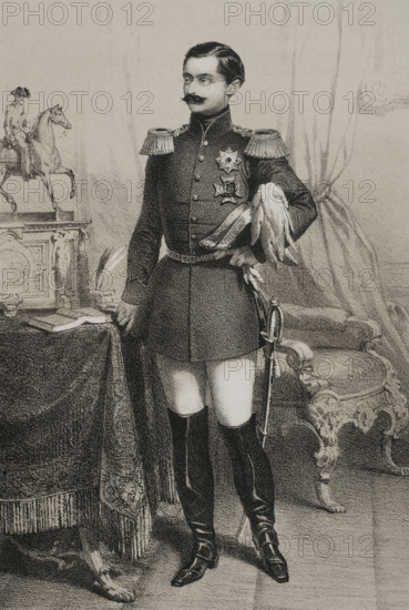 Adolphe (1817-1905). Duke of Nassau (1839-1866) and Grand Duke of Luxembourg (1890-1905). Portrait as Duke of Nassau. Drawing by J. Vallejo. Lithography by J. Donon. ""Reyes Contemporaneos"" (Contemporary Kings). Volume III. Published in Madrid, 1854.