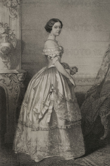 Adelheid-Marie of Anhalt-Dessau (1833-1916). Duchess consort of Nassau (1851-1866) by her marriage in 1851 to Adolphe (1817-1905), Duke of Nassau. Grand duchess Consort of Luxembourg (1890-1905). Portrait of the Duchess of Nassau. Drawing by J. Vallejo. Lithography by J. Donon. ""Reyes Contemporaneos"" (Contemporary Kings). Volume III. Published in Madrid, 1854.