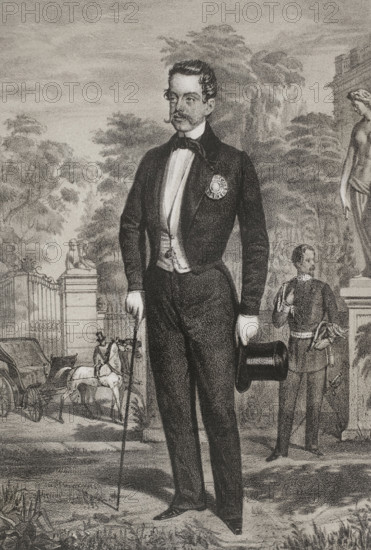 Victor Emmanuel II (1820-1878). Last King of the Kingdom of Sardinia (1849-1861) and the first King of Italy (1861-1878). Portrait as King of Sardinia. Drawing by B. Blanco. Lithography by J. Donon. ""Reyes Contemporaneos"" (Contemporary Kings). Volume III. Published in Madrid, 1854.