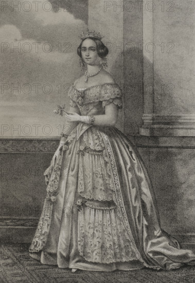 Josephine of Leuchtenberg (1807-1876). Queen consort of Sweden and Norway (1844-1859), as the wife of King Oscar I (1799-1859). Portrait. Drawing by C. Legrand. Lithography by J. Donon. ""Reyes Contemporaneos"" (Contemporary Kings). Volume III. Published in Madrid, 1854.