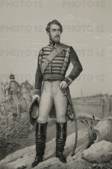 Charles XV of Sweden (1826-1872). Born Carl Ludvig Eugen. King of Sweden and Norway (as Charles IV) between 1859 and 1872. Portrait of Karl Ludvig as Heir Prince of Sweden. Drawing by C. Legrand. Lithography by J. Donon. ""Reyes Contemporaneos"" (Contemporary Kings). Volume III. Published in Madrid, 1854.