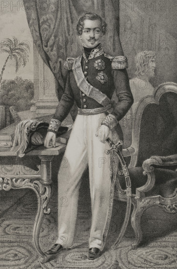 Otto of Greece (1815-1867). King of Greece (1832-1862). He was a Bavarian prince of the House of Wittelsbach. Portrait. Drawing by C. Legrand. Lithography by J. Donon. ""Reyes Contemporaneos"" (Contemporary Kings). Volume III. Published in Madrid, 1854.