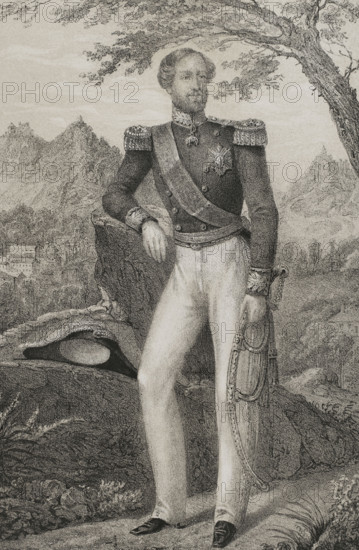 Ferdinand II of Portugal (1816-1885). German prince, King of Portugal jure oxuris (1837-1853) as the husband of Queen Maria II (1819-1853). Portrait. Drawing by C. Legrand. Lithography by J. Donon. ""Reyes Contemporaneos"" (Contemporary Kings). Volume III. Published in Madrid, 1854.