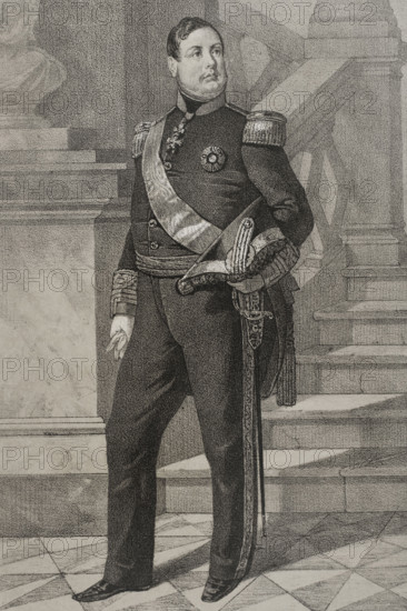 Ferdinand II of the Two Sicilies (1810-1859). King of the Two Sicilies (1830-1859). Portrait. Drawing by B. Blanco. Lithography by J. Donon. ""Reyes Contemporaneos"" (Contemporary Kings). Volume III. Published in Madrid, 1854.