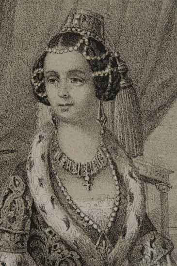 Amalia of Oldenburg (1818-1875). Queen consort of Greece (1832-1862) by her marriage to Otto I (1815-1867). Portrait. Drawing by C. Legrand. Lithography by J. Donon. Detail. ""Reyes Contemporaneos"" (Contemporary Kings). Volume III. Published in Madrid, 1854.