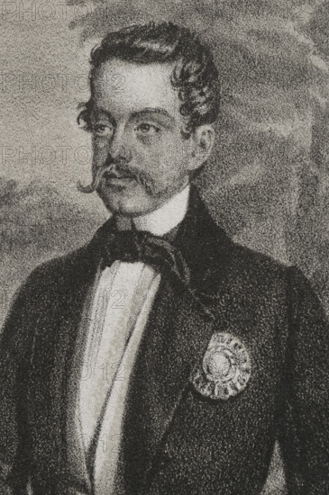 Victor Emmanuel II (1820-1878). Last King of the Kingdom of Sardinia (1849-1861) and the first King of Italy (1861-1878). Portrait as King of Sardinia. Drawing by B. Blanco. Lithography by J. Donon. Detail. ""Reyes Contemporaneos"" (Contemporary Kings). Volume III. Published in Madrid, 1854.