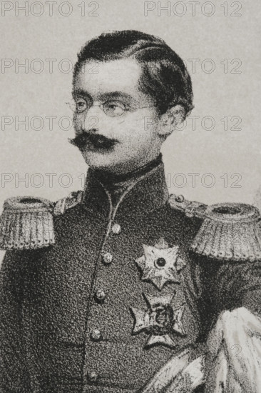 Adolphe (1817-1905). Duke of Nassau (1839-1866) and Grand Duke of Luxembourg (1890-1905). Portrait as Duke of Nassau. Drawing by J. Vallejo. Lithography by J. Donon. Detail. ""Reyes Contemporaneos"" (Contemporary Kings). Volume III. Published in Madrid, 1854.