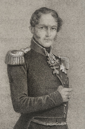 Leopold I of Belgium (1790-1865). First king of the Belgians (1831-1865). Portrait. Drawing by C. Legrand. Lithography by J. Donon. Detail. ""Reyes Contemporaneos"" (Contemporary Kings). Volume III. Published in Madrid, 1854.