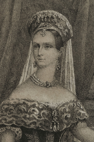 Charlotte of Prussia (1798-1860). Empress consort of Russia (1825-1855) as Alexandra Fyodorovna, by marriage to Tsar Nicholas I (1796-1855). Portrait. Drawing by C. Legrand. Lithography by J. Donon. Detail. ""Reyes Contemporaneos"" (Contemporary Kings). Volume III. Published in Madrid, 1854.