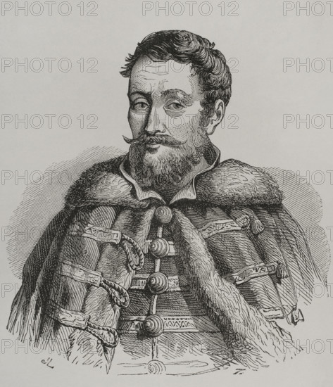 Istvan Werboczy (h. 1458-1541). Hungarian legal theorist and statesman. He was elected by the Diet to collect extraordinary taxes after the siege of Belgrade in 1521. Portrait. Engraving. ""Los Heroes y las Grandezas de la Tierra"" (The Heroes and the Grandeurs of the Earth). Volume VIII. 1856.