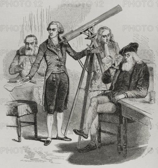 Astrology and astronomy. Zacharias Janssen (1585-1632) and his lenses, Galileo Galilei (1564-1642) and his glasses, Isaac Newton (1642-1727) and William Herschel (1738-1822) with their telescopes. Drawing by G. Janet. Engraving by P. Perrichon. ""Los Heroes y las Grandezas de la Tierra"" (The Heroes and the Grandeurs of the Earth). Volume VIII. 1856.