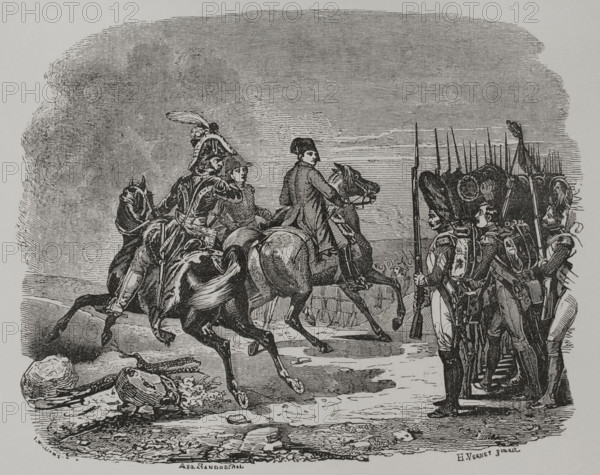 Battle of Jena (14 October 1806). The French army under Napoleon defeated the Prussian troops commanded by Frederick William III of Prussia. Napoleon I at the Battle of Jena. Napoleon reviewing the Imperial Guard. The scene depicts Napoleon attending to the salute of a Grenadier of the Imperial Guard. Murat is shown riding behind him. Engraving by Williams after a painting by Horace Vernet. ""Los Heroes y las Grandezas de la Tierra"" (The Heroes and the Grandeurs of the Earth). Volume VIII. 1856.