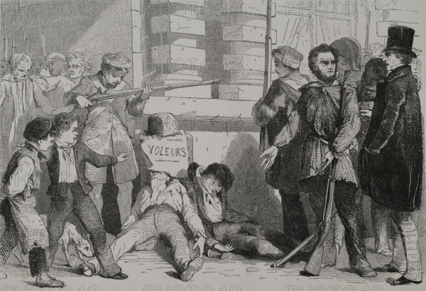 History of France. French Revolution of 1830. Popular revolt against King Charles X (1757-1836) and his government. It took place from 26 to 29 July. ""How the French people punished thieves"". Engraving. ""Los Heroes y las Grandezas de la Tierra"" (The Heroes and the Grandeurs of the Earth). Volume VIII. 1856.