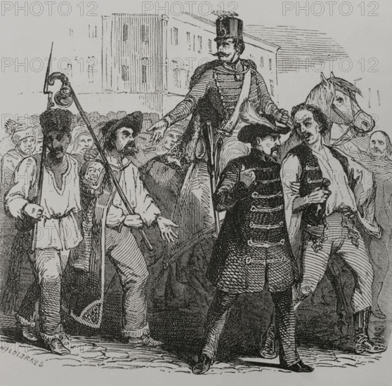 Hungarian Revolution of 1848 (15 March 1848-4 October 1849). It became a war for Hungarian independence from the Austrian Empire, although it failed. A recruitment in Hungary. Engraving by Hildibrand. ""Los Heroes y las Grandezas de la Tierra"" (The Heroes and the Grandeurs of the Earth). Volume VIII. 1856.