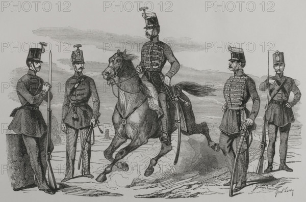 Hungarian Cavalry and Infantry in 1849. Engraving by Janet Lange. ""Los Heroes y las Grandezas de la Tierra"" (The Heroes and the Grandeurs of the Earth). Volume VIII. 1856.