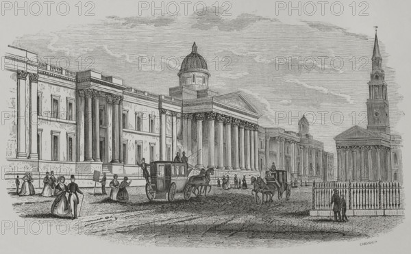 London, England. The National Gallery. The building was designed by the architect William Wilkins (1778-1839) between 1832 and 1838, on the site of the former Royal Mews at Charing Cross. Engraving by Cabanach. ""Los Heroes y las Grandezas de la Tierra"" (The Heroes and the Grandeurs of the Earth). Volume VIII. 1856.