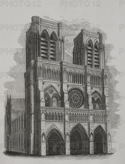 Paris, France. Notre-Dame. View of the main facade before the restoration commissioned to Jean-Baptiste-Antoine Lassus and Eugene Viollet-le-Duc in 1843. Engraving. ""Los Heroes y las Grandezas de la Tierra"" (The Heroes and the Grandeurs of the Earth). Volume VIII. 1856.