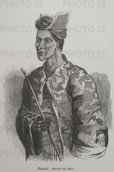 Mohammad Pulalun Kiram (1844-1862). Sultan of Sulu (1844-1862). Portrait. Engraving. ""Los Heroes y las Grandezas de la Tierra"" (The Heroes and the Grandeurs of the Earth). Volume VIII. 1856.